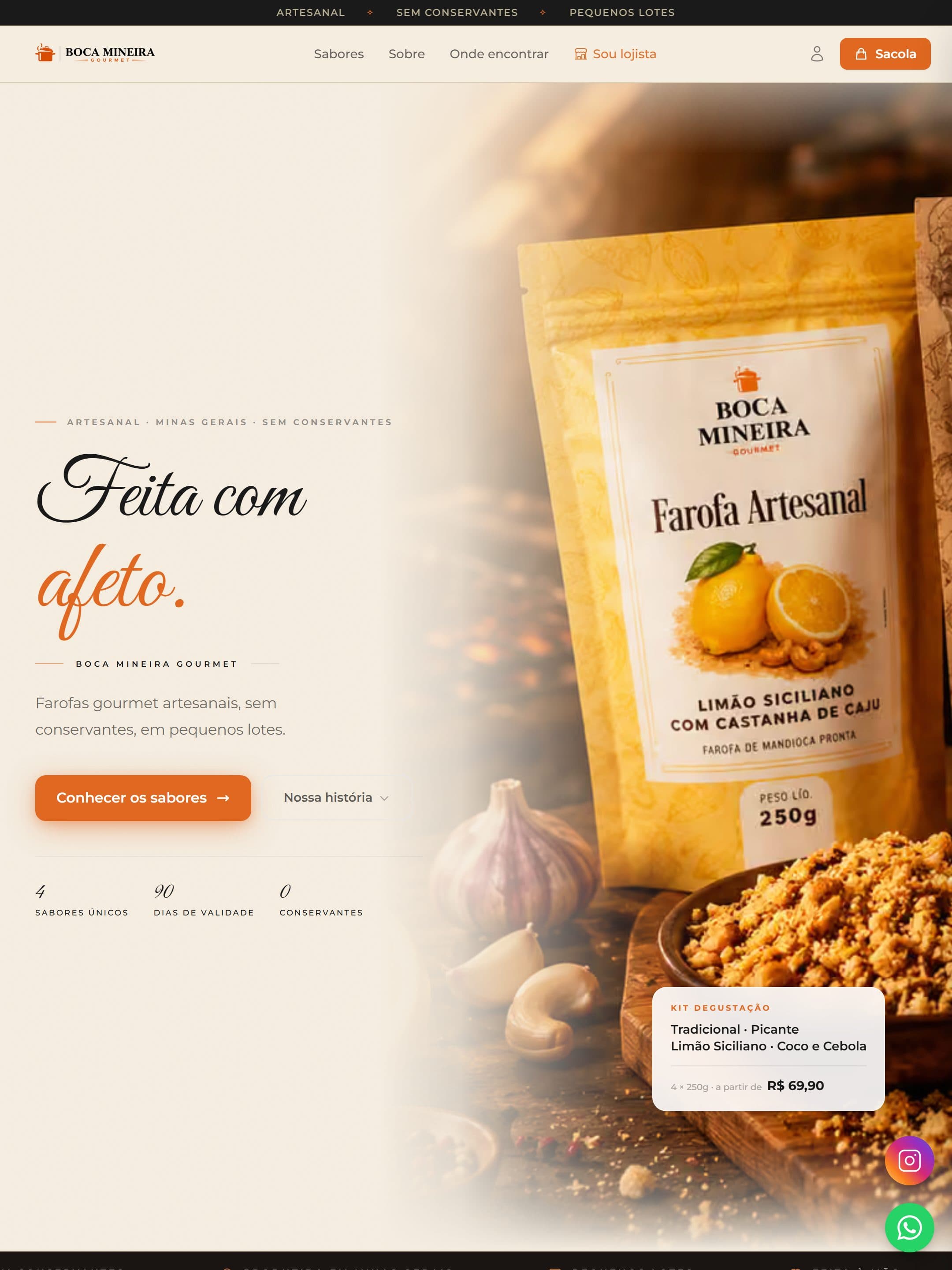 Home do site de uma marca de alimentos artesanais